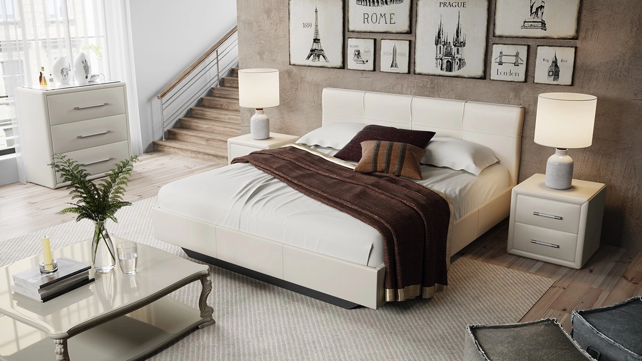 Спальный Гарнитур Элвис №3 Бежевый (Кровать+Тумбы Прикроватные-2шт+Комод)