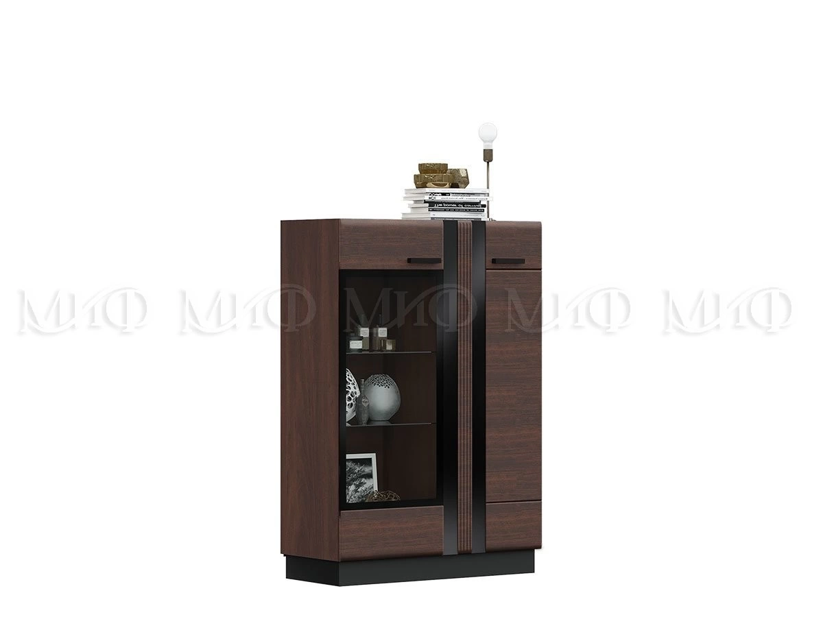 Шкаф со Стеклом Низкий Манифик МДФ (Ш-1000 x В-1454 x Г-442 мм) Дерево/Орех