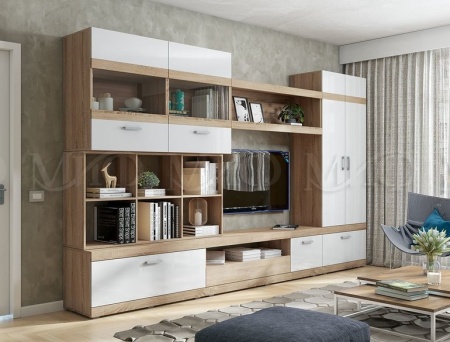 Гостиная Авангард  МДФ №2 (Ш-3500 x В-2140 x Г-445 мм) Дуб Сонома/Белый Глянец